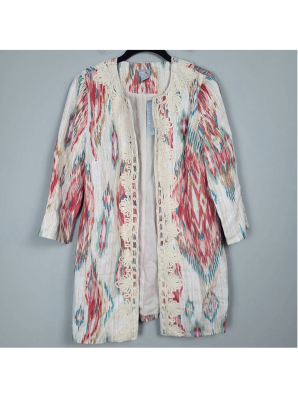 Chicos Womens Artsy Embroidered Linen Topper Jacket Small Colorful Ikat Boho NWT